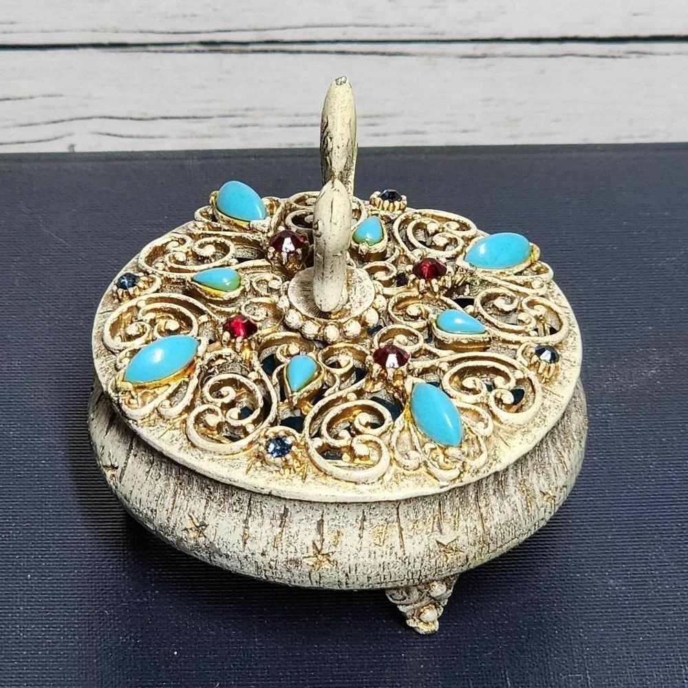 Vintage Florenza‎ Fleur de Lis Trinket Box Jeweled Turquoise Filigree Victorian